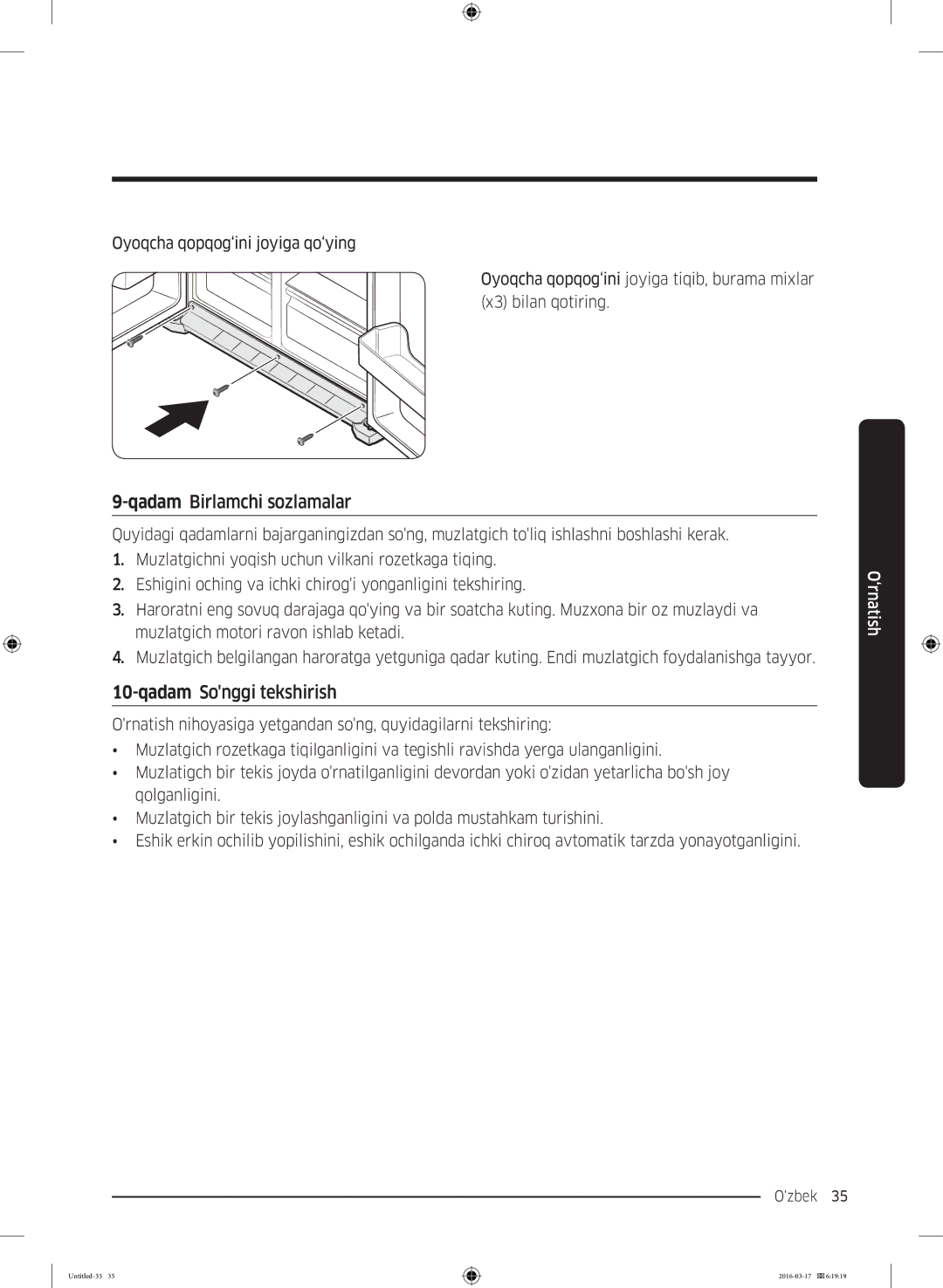 Samsung RS57K4000WW/WT, RS57K4000SA/WT manual Qadam Birlamchi sozlamalar, Qadam Songgi tekshirish 